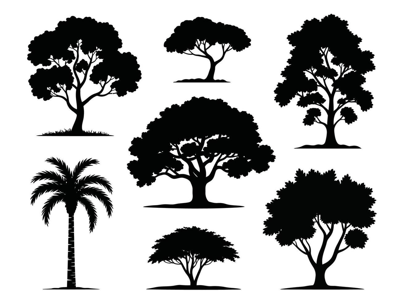 A set of various tree silhouettes in black on a transparent background vector