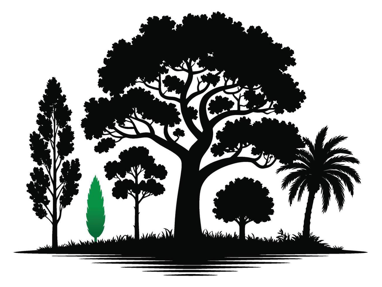 Silhouette tree collection variety of tree types forest evergreen trees. palm trees silhouette vector