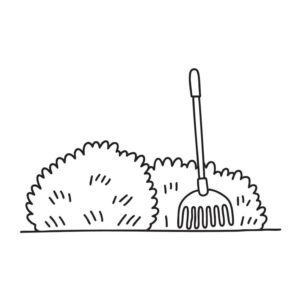 A rake propped beside thick backyard underbrush vector