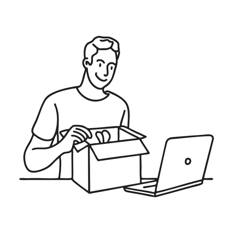 An individual unboxing a parcel with a laptop nearby vector