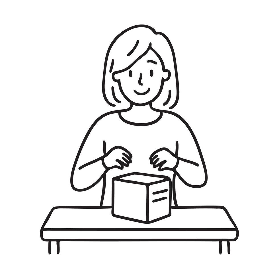 A person unboxing a package on a small wooden table vector