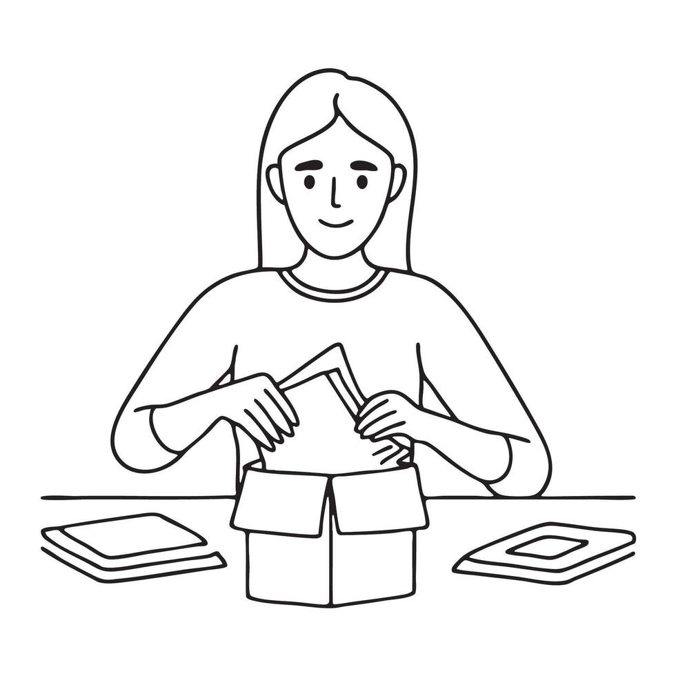 A person opening an electronics box with instruction sheets around vector