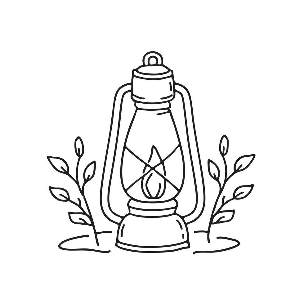 A camp lantern sitting next to wet forest underbrush vector