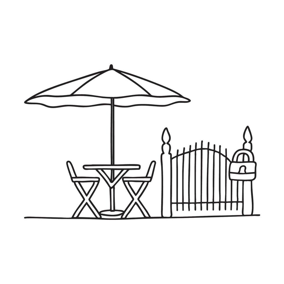 A folded umbrella table leaning by a locked patio gate vector