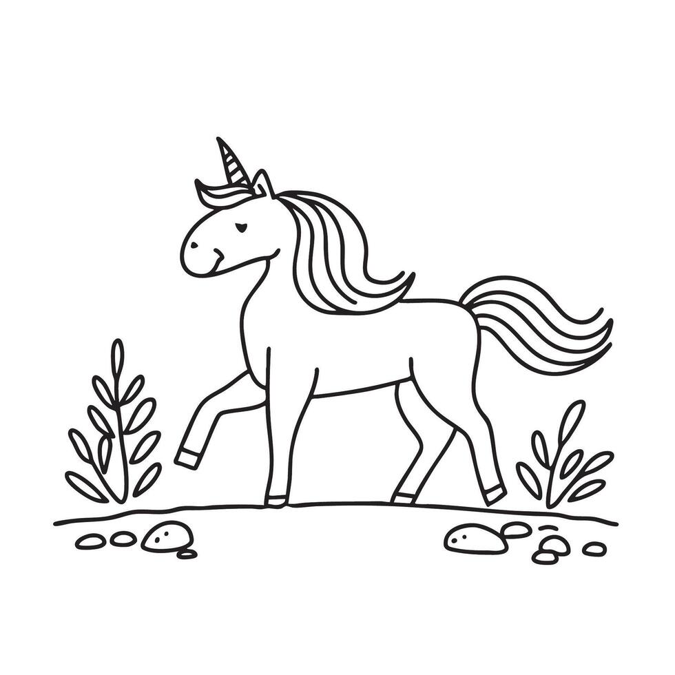 A unicorn pacing quietly across a wooded narrow path vector