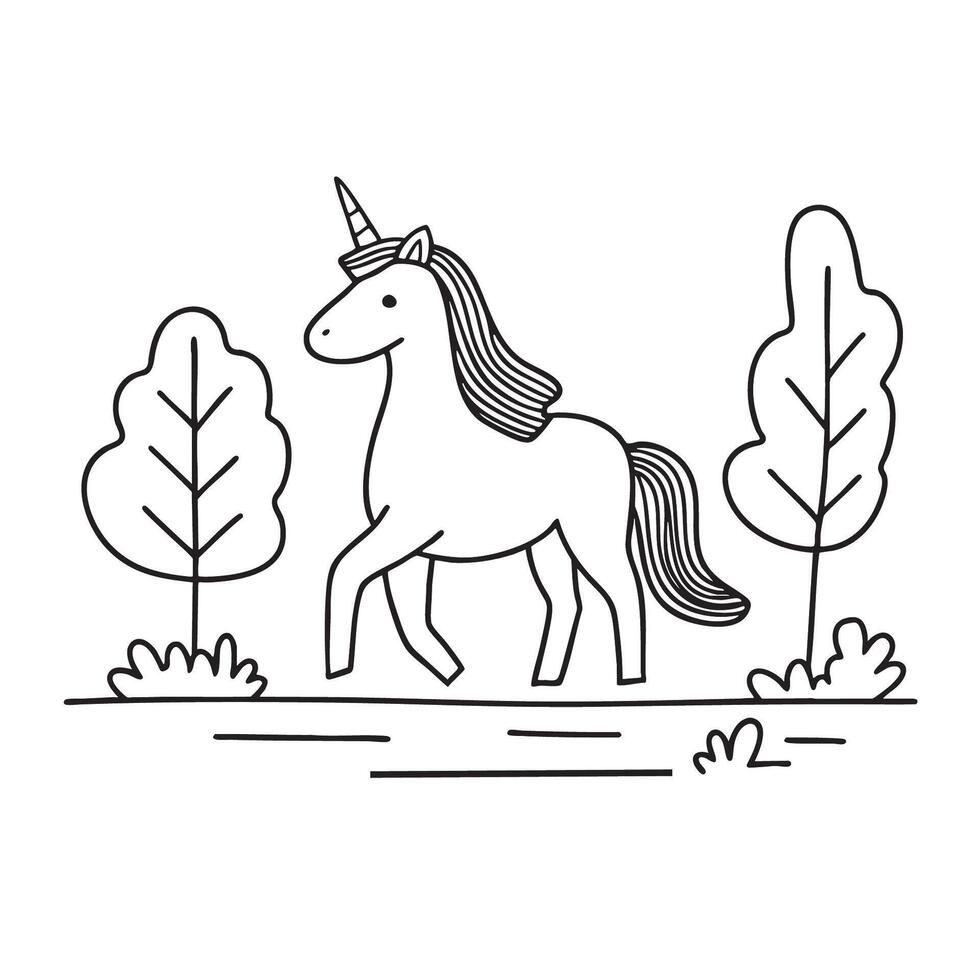 A unicorn making its way down a narrow trail in the forest vector