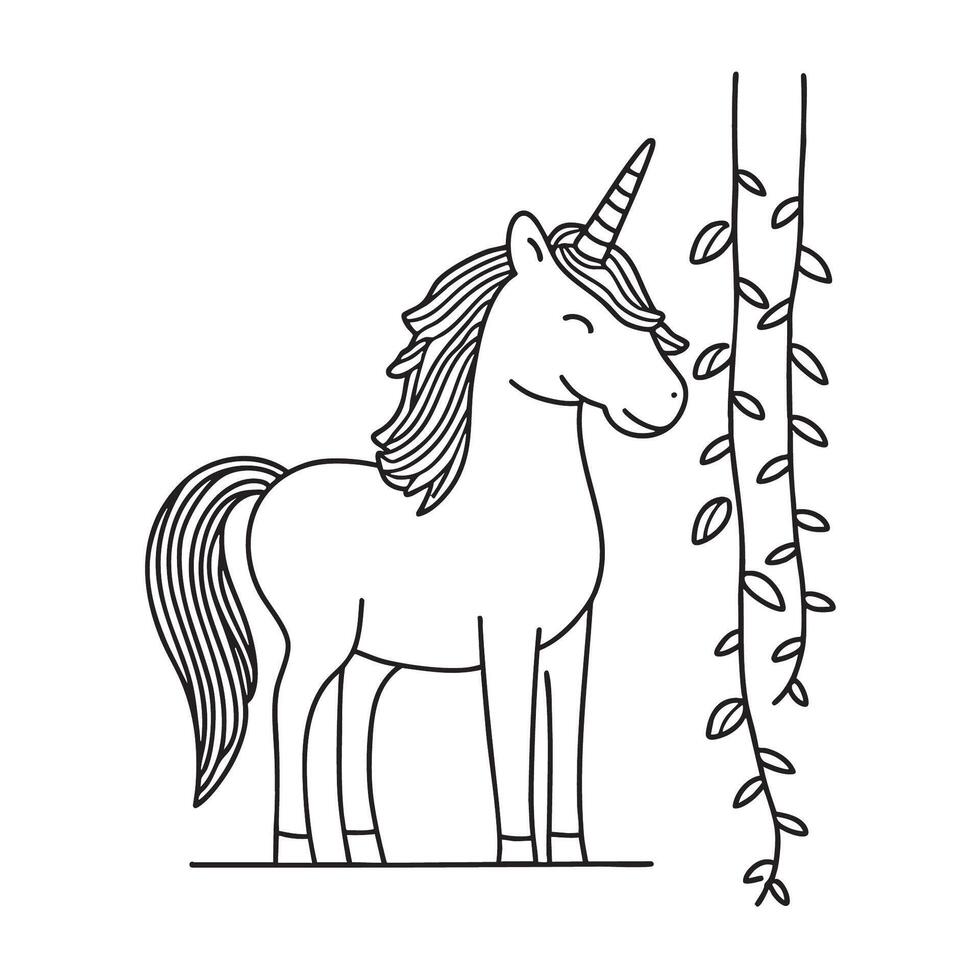 A unicorn walking as its horn touches dangling vines vector
