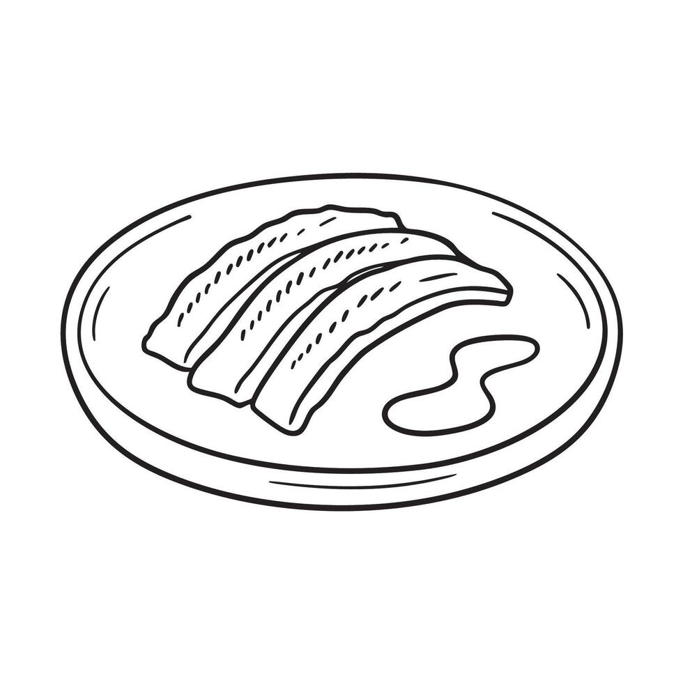 Unagi placed on ceramic ware near a pool of soy sauce vector