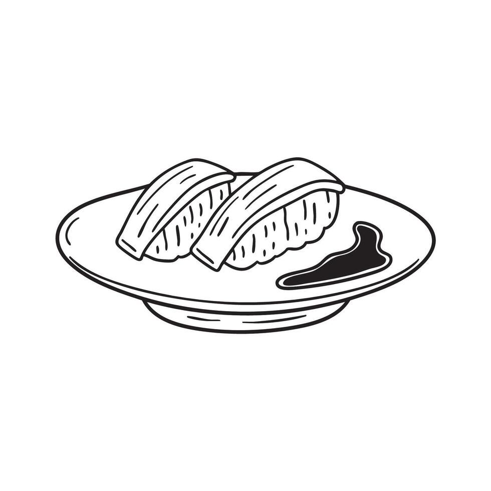 A soy sauce spill near a plate with grilled unagi vector