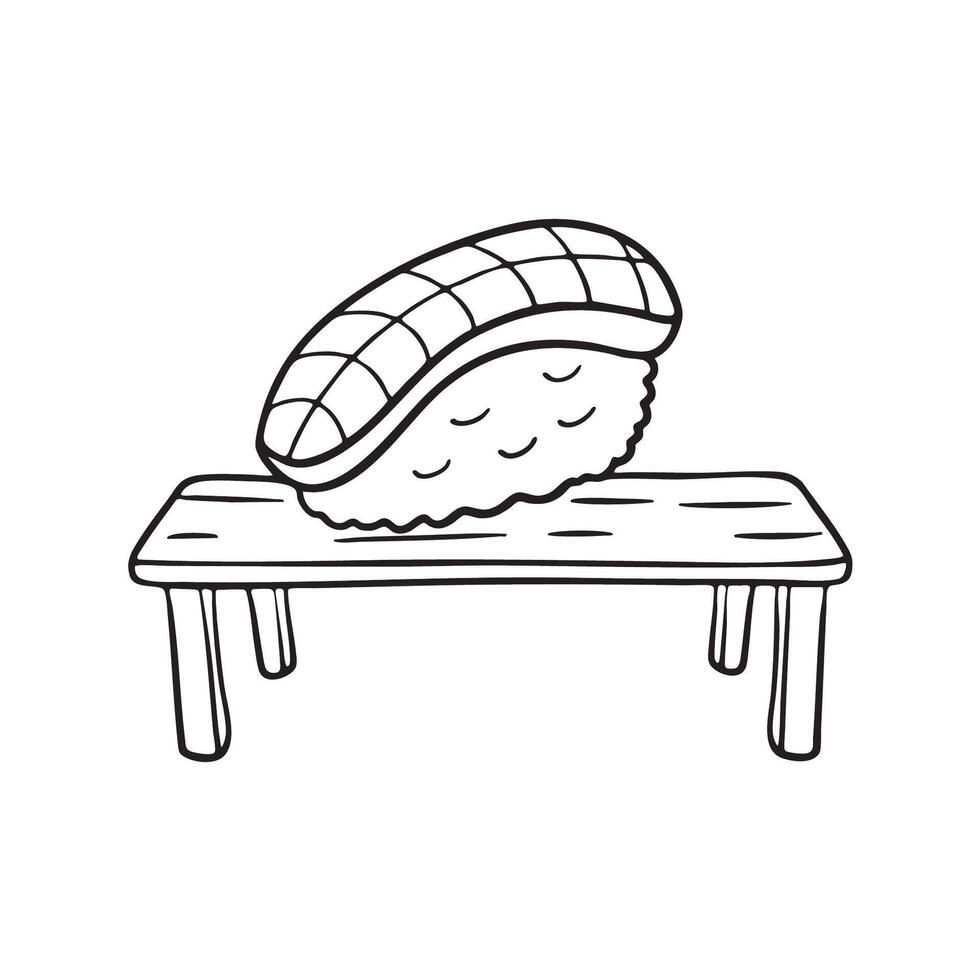 Partially eaten unagi sushi beside a napkin on a wooden bench vector