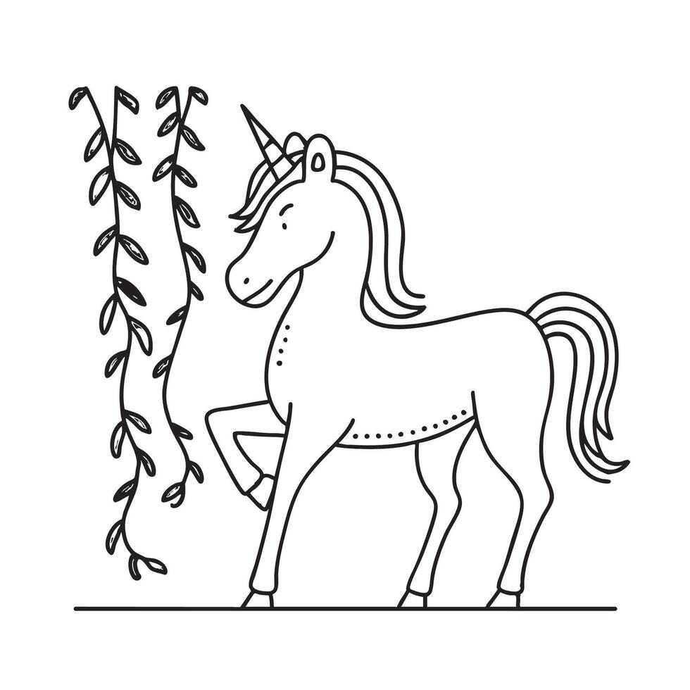 A unicorn strolling with its horn brushing soft vines vector