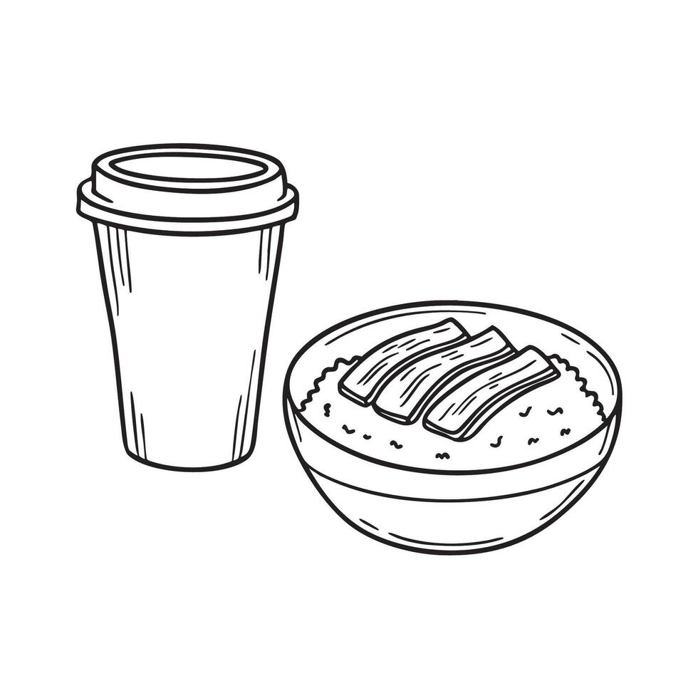 Unagi served over rice beside a cup lid and moist napkin vector