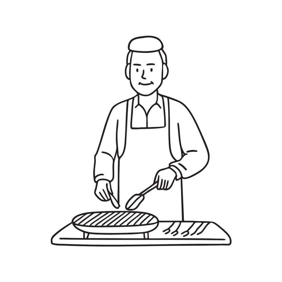 An uncle grilling food in an apron during a family BBQ vector
