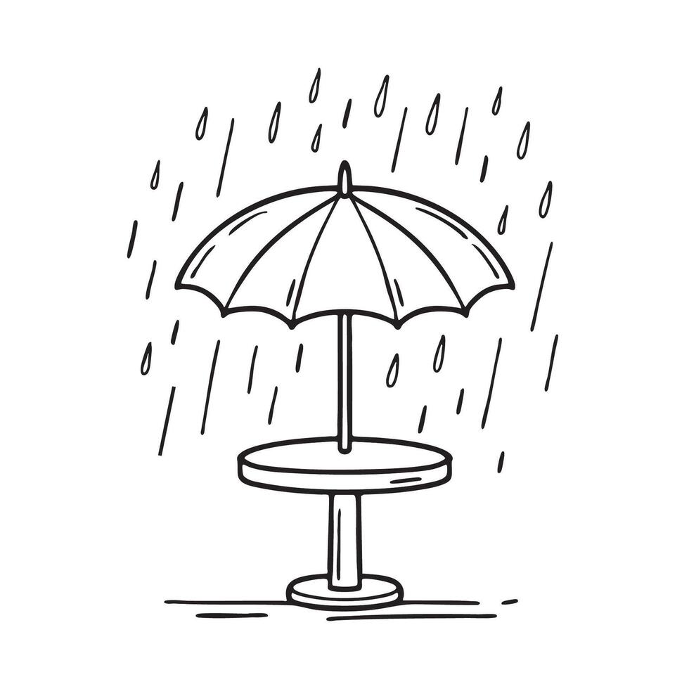 An umbrella table set under heavy rainfall vector