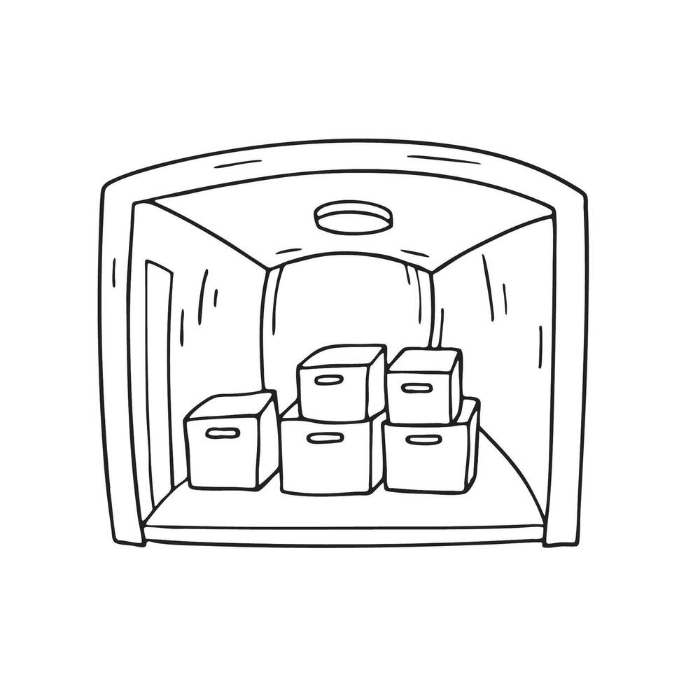 Boxes marked supplies stacked inside an underground chamber vector
