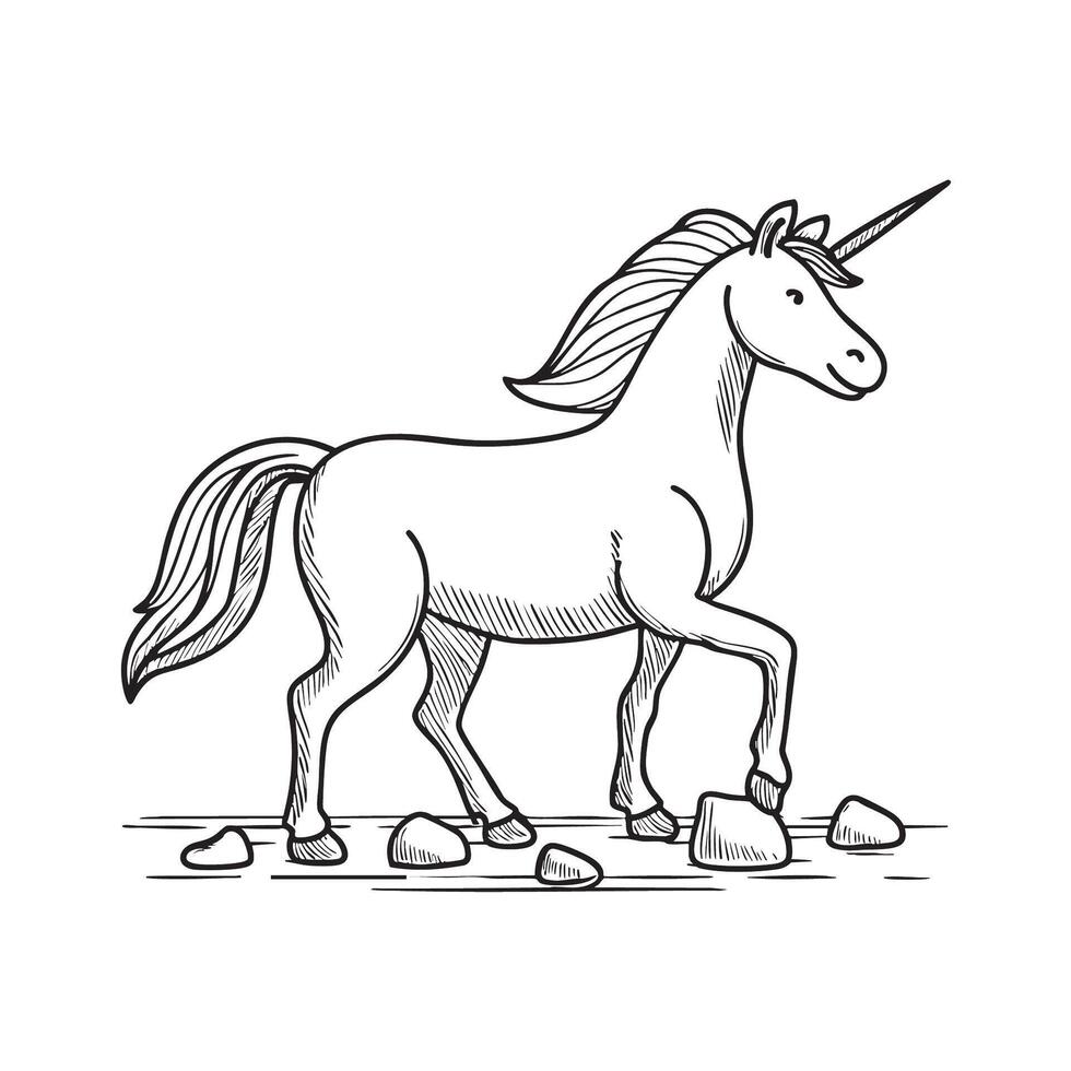 A unicorn stepping across a group of uneven stones vector