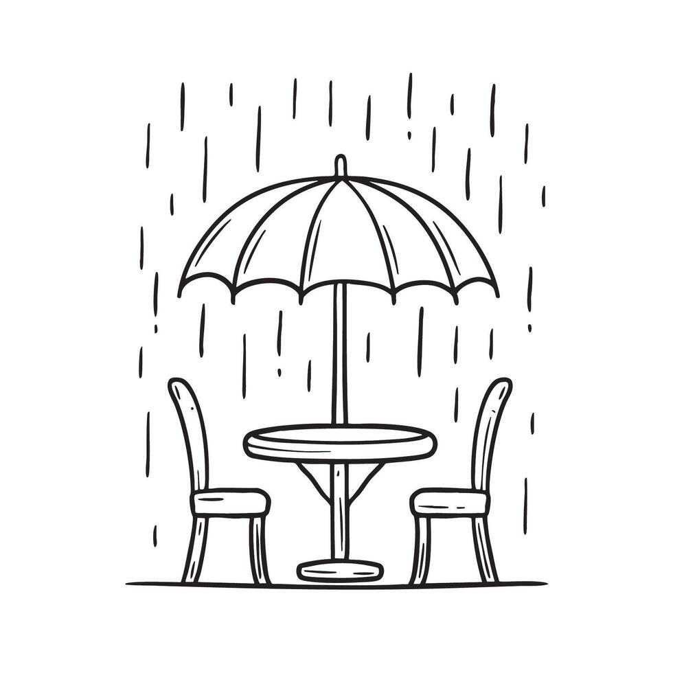 An umbrella table set amid a heavy downpour vector
