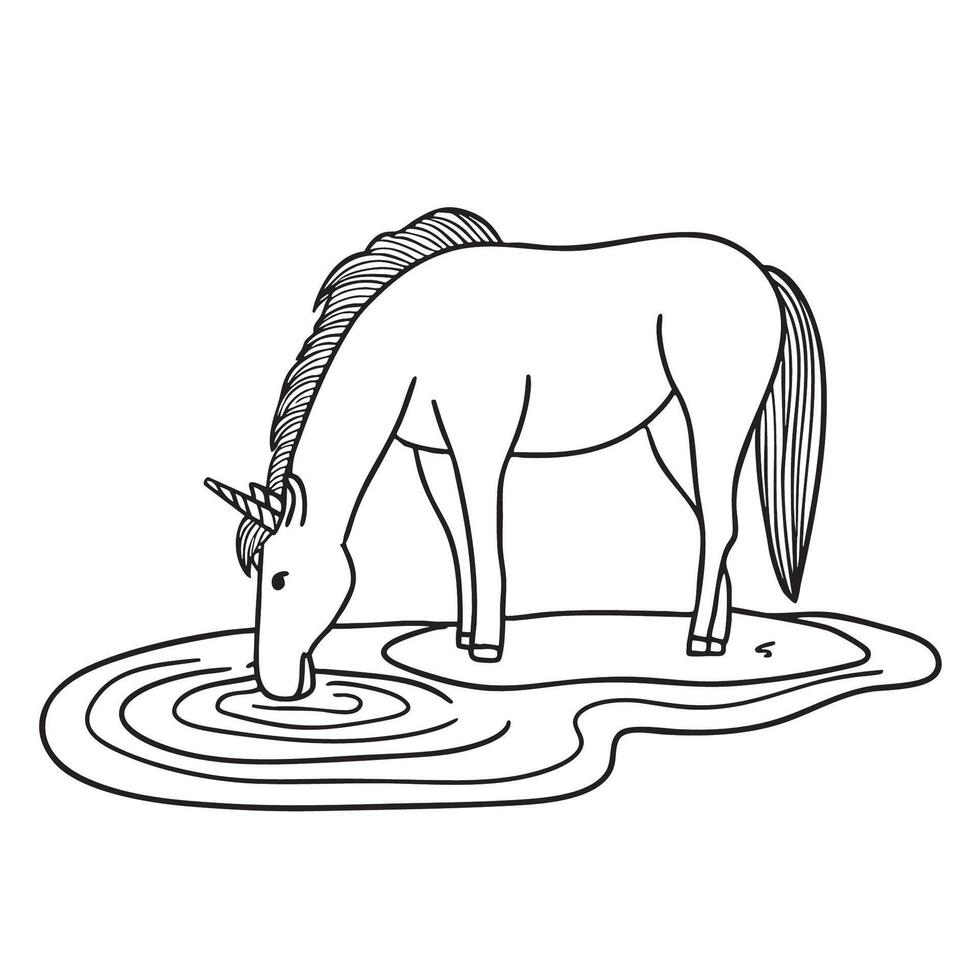 A unicorn bending down to drink from a narrow stream vector