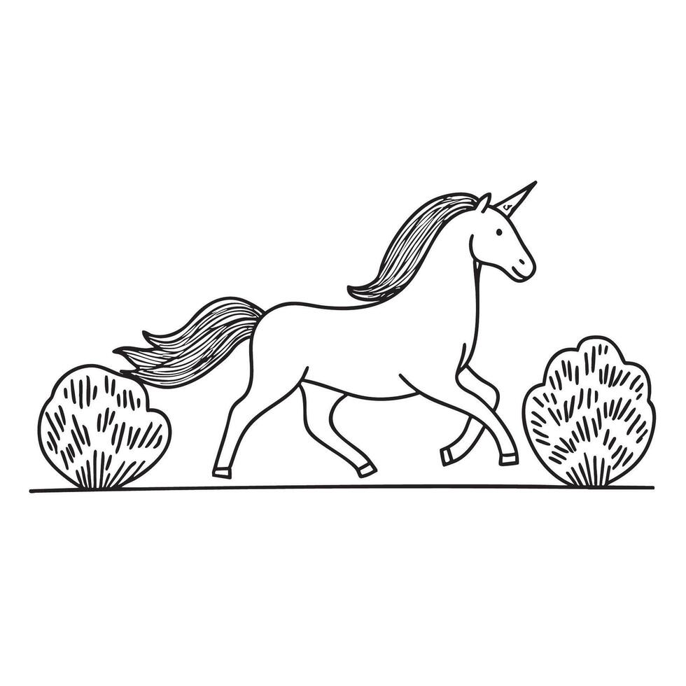 A unicorn trotting alongside a line of leafy bushes vector