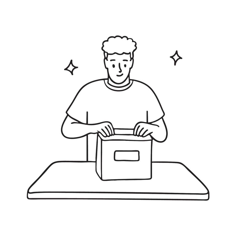 A person opening a parcel on a small wooden table vector