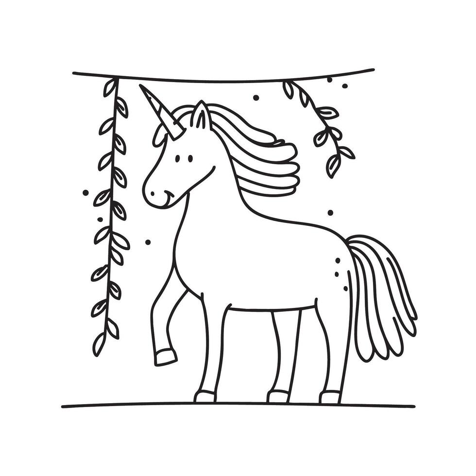 A unicorn pushing past vines with the tip of its horn vector