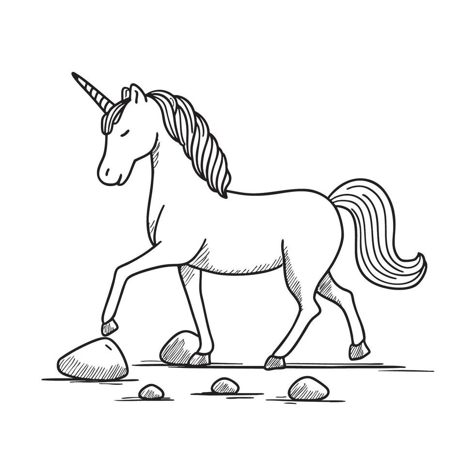 A unicorn walking slowly across stones scattered in a path vector