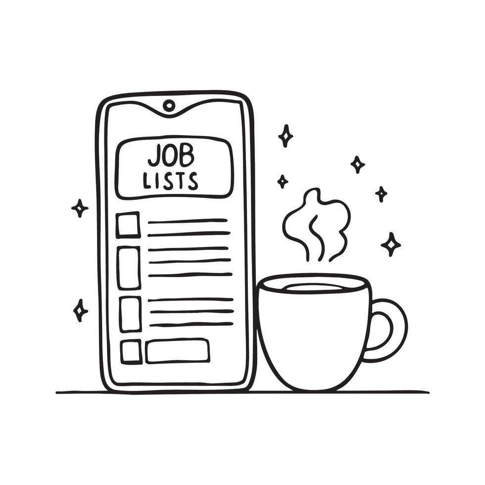 A smartphone displaying job posts beside a mug of coffee vector