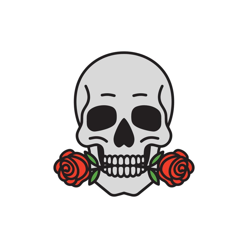 Outlined skull and rose in tattoo doodle style vector