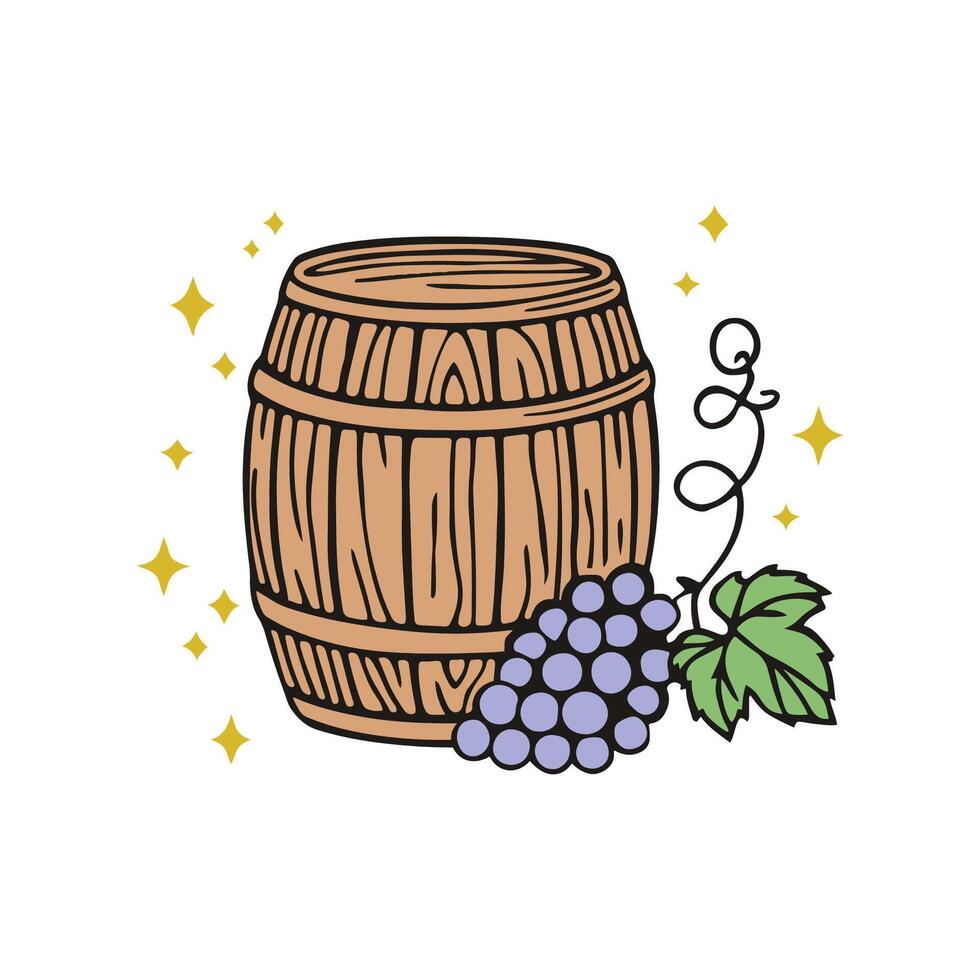 Line art of grape cluster beside a wooden barrel vector