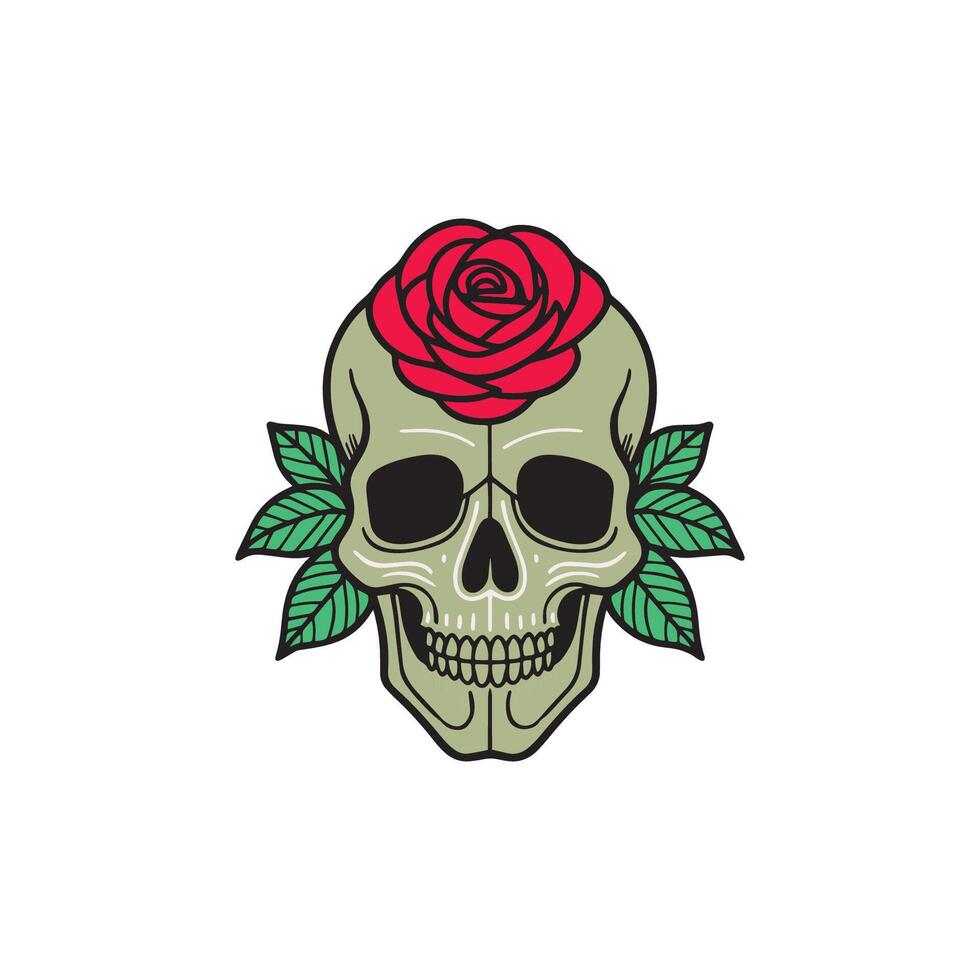 Tattoo style doodle of skull with rose illustration vector