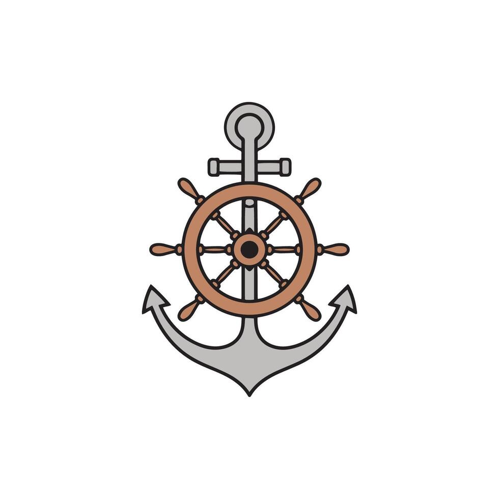 Outlined ship wheel paired with anchor symbol vector