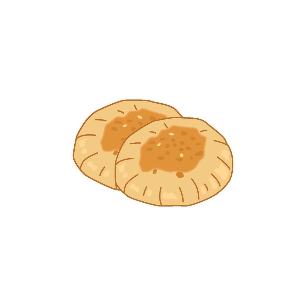 An icon depicting two pieces of round, slightly puffed Arabic flatbread. This represents khubz, a staple bread in the Middle East used for scooping food or making sandwiches. vector