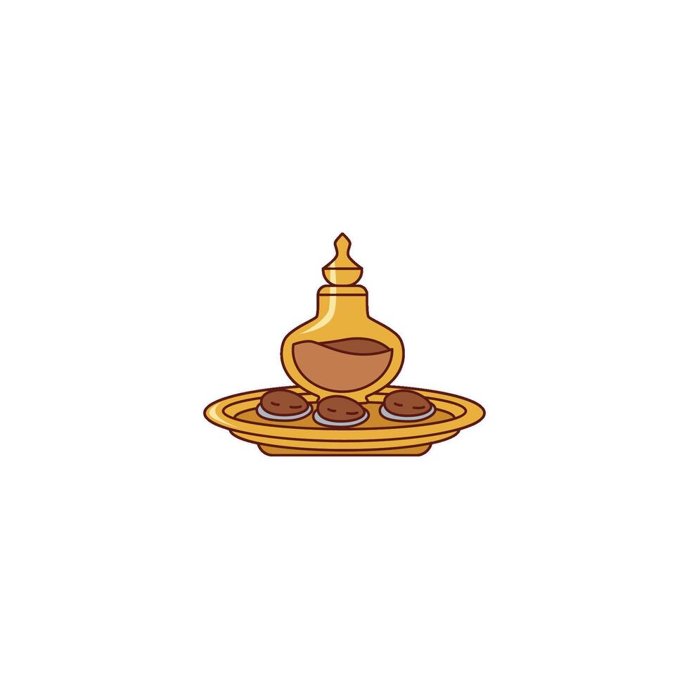 An icon showing an incense burner Mabkhara with a small dish containing what appears to be oud chips or fragrant resins, and smoke rising. vector