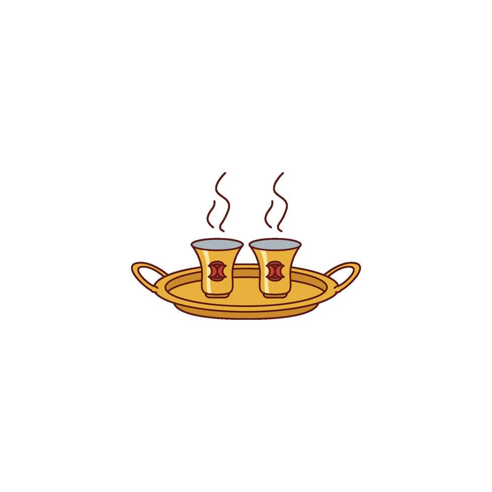 An icon showing two glasses of steaming Arabic tea on a decorative tray. This represents the common practice of serving hot tea as a gesture of hospitality in the Middle East. vector