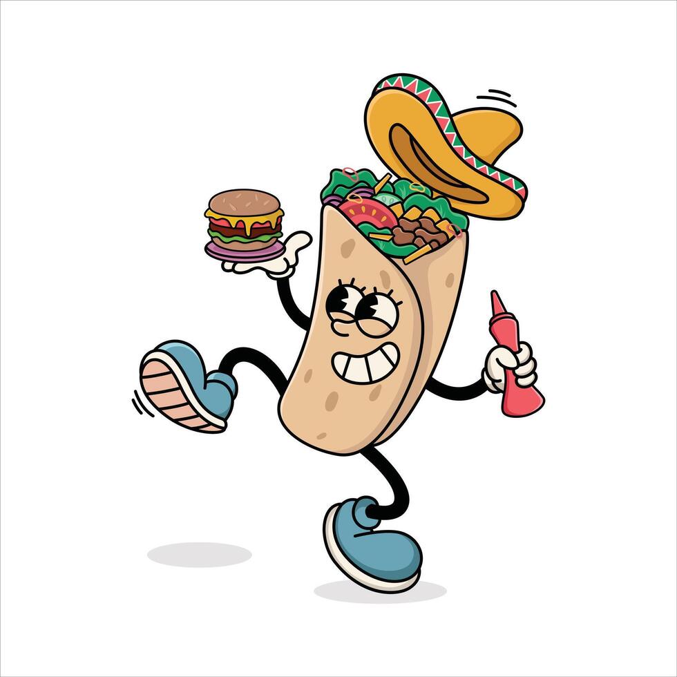 Happy Burrito Character Holding Burger and Sauce, Sombrero and Fast Food Elements vector