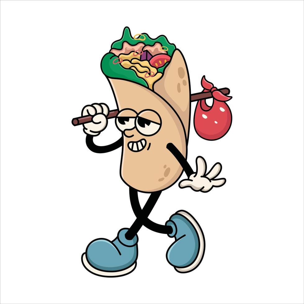 Cool Cartoon Burrito Character Walking with Bundle vector
