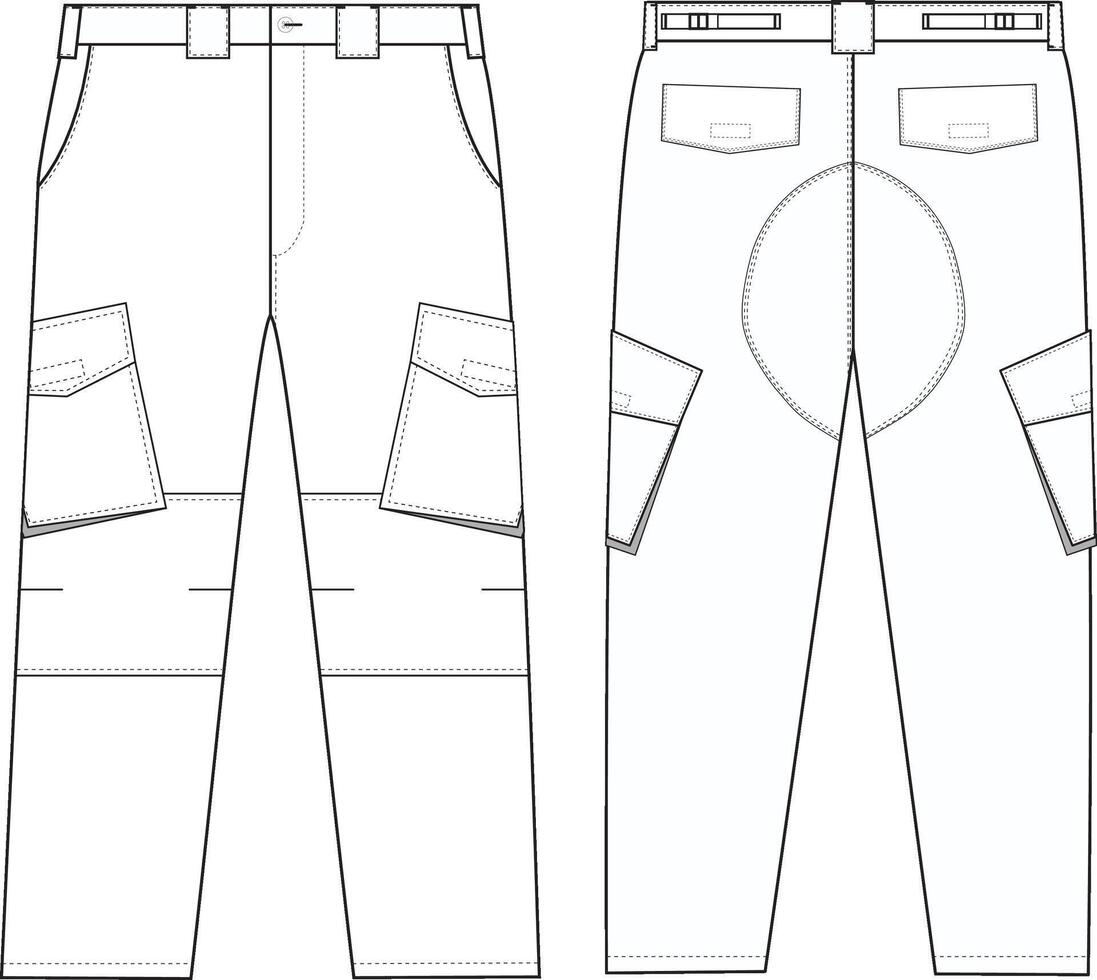 Cargo Pants Front and Back Illustration, Utility Pants with Pockets and Belt Loops vector