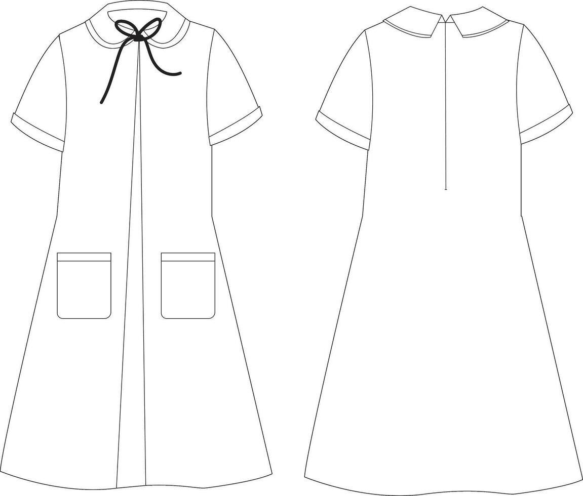 Flat Sketch of Girls A-Line Dress with Patch Pockets and Layered Collar Front and Back View vector