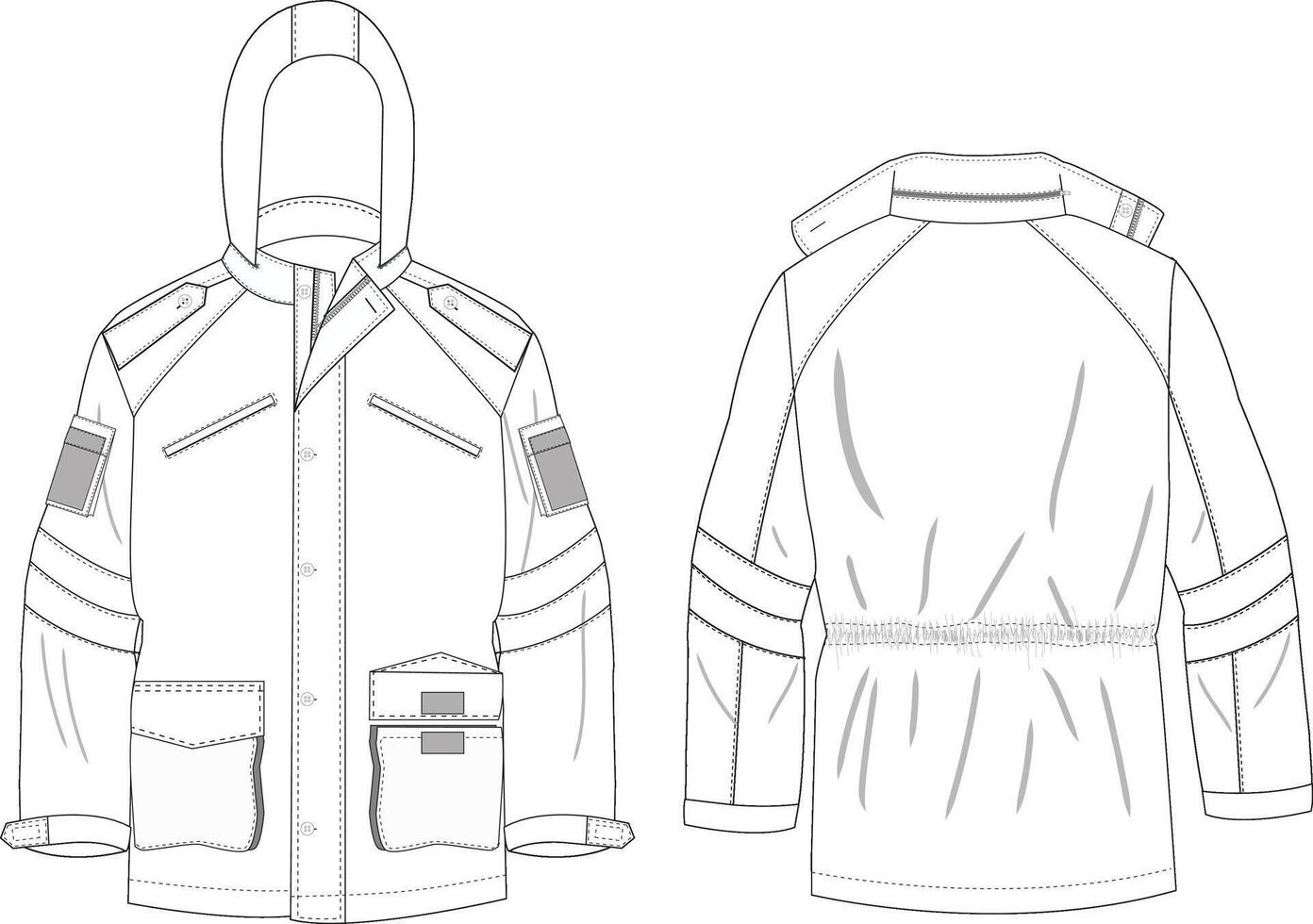 Utility Jacket Front and Back Illustration, Hooded Jacket with Pockets and Military Details vector