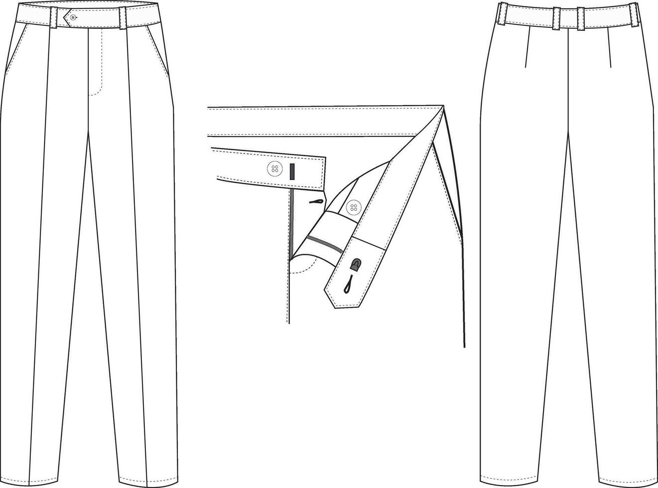 Men's Formal Trousers Front and Back Illustration, Tailored Pants with Belt Loops and Pleats vector