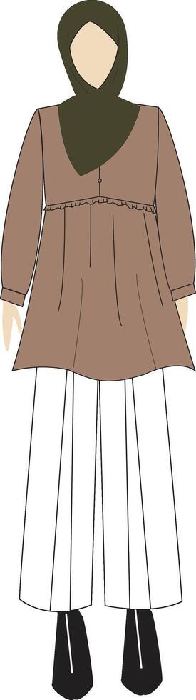 Modest Fashion Illustration, Brown Tunic with Hijab and White Wide-Leg Pants, Muslim Outfit vector