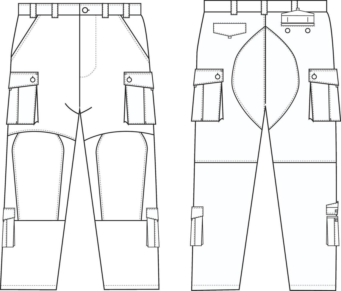 Men's Cargo Pants Front and Back Illustration, Multi-Pocket Utility Pants with Belt vector