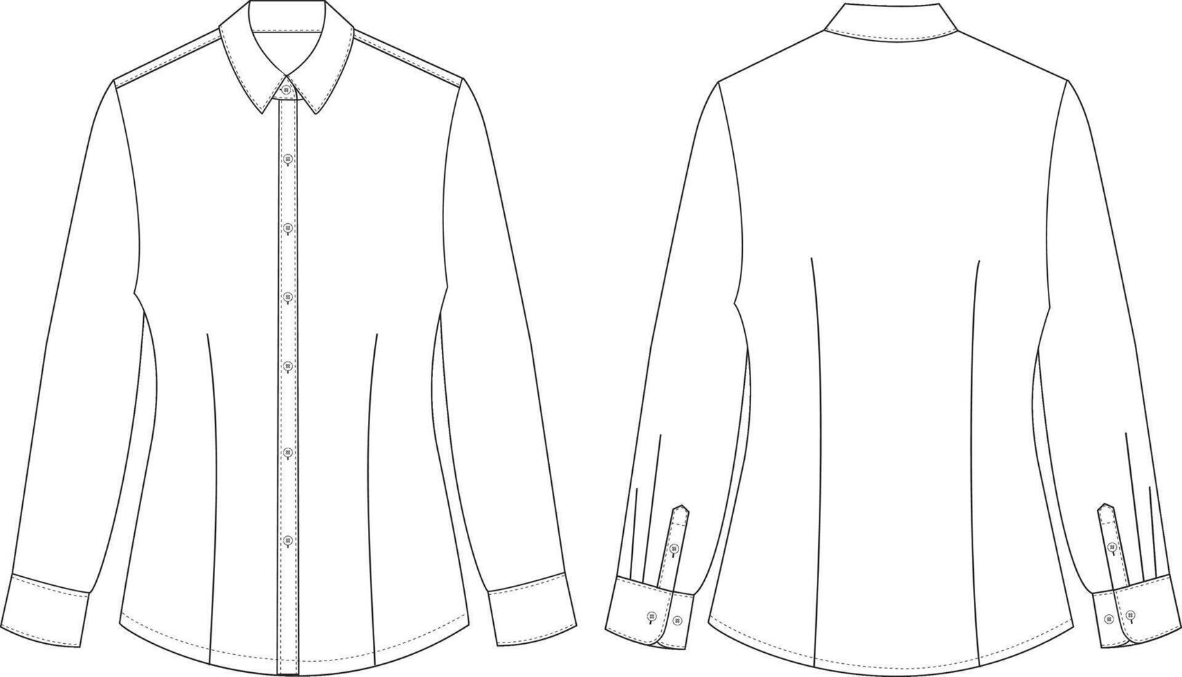 Women's Shirt Front and Back Illustration, Long Sleeve Button-Up Shirt with Cuffs Design vector