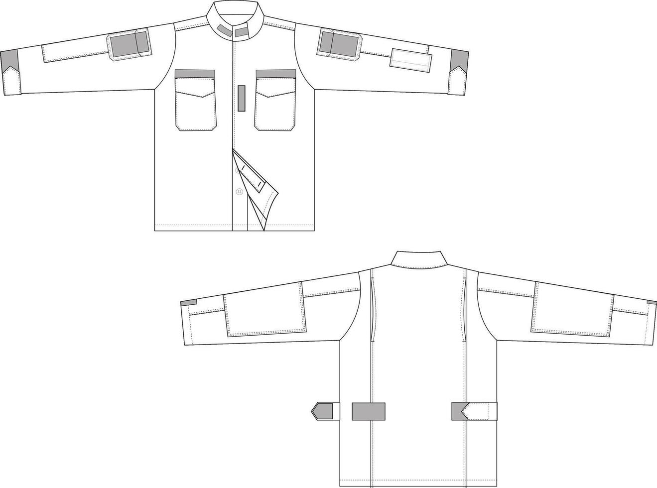 Utility Jacket Front and Back Illustration, Military-Inspired Jacket with Pockets and Straps vector