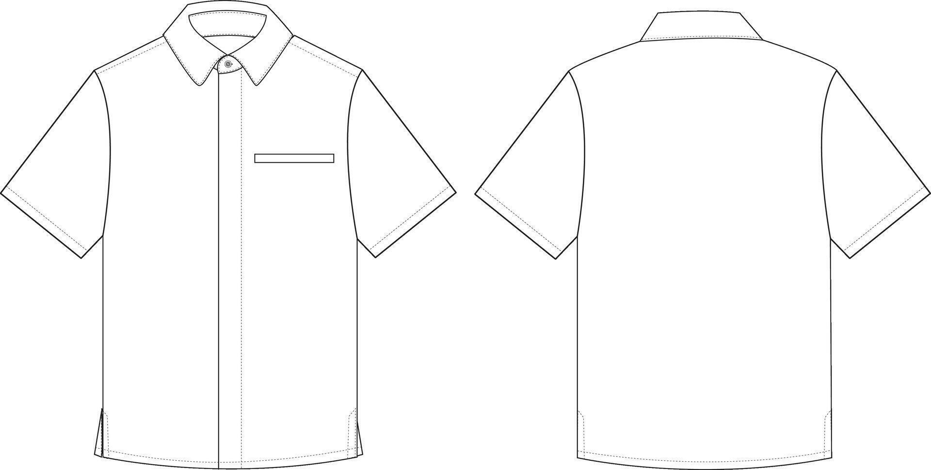 Men's Shirt Front and Back Illustration, Short Sleeve Button-Up Shirt with Pocket Design vector