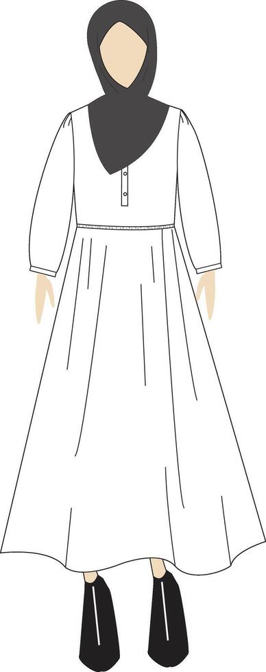 Modest Fashion Illustration, White Dress with Hijab and Black Shoes, Elegant Muslim Outfit vector