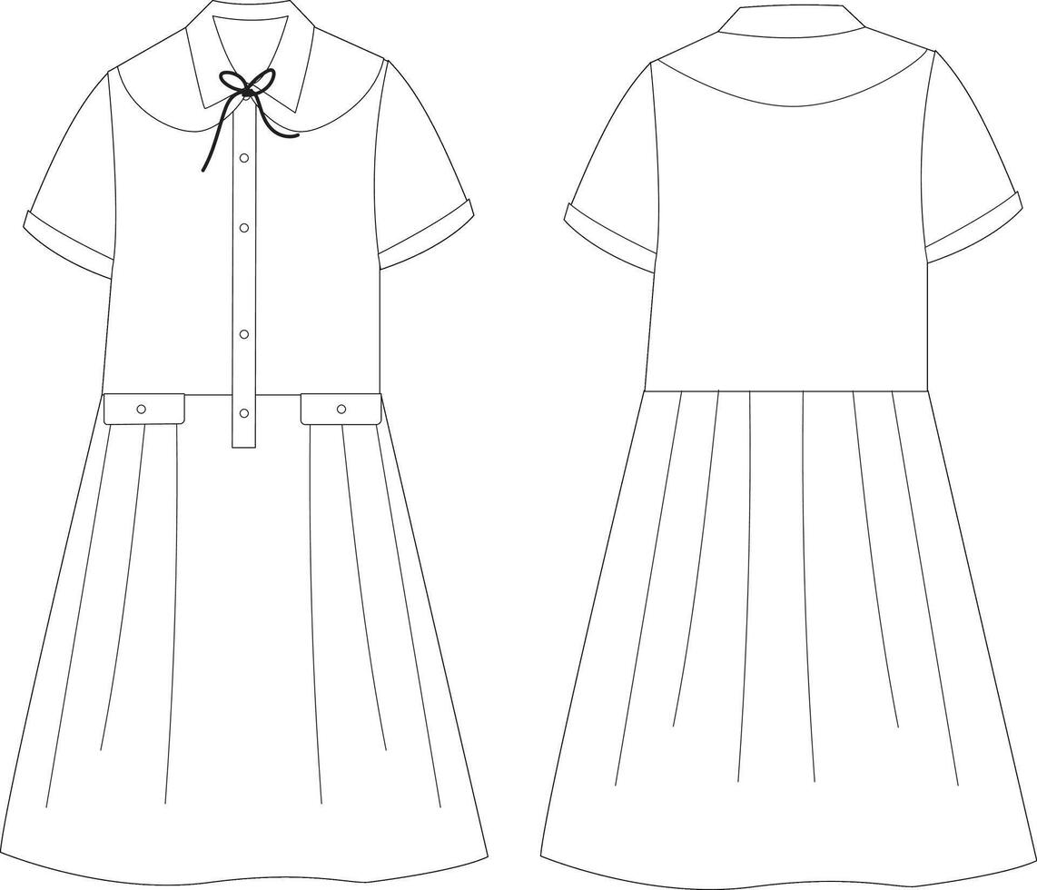 Flat Sketch of Girls Pleated Dress with Sailor Collar and Front Button Front and Back View vector