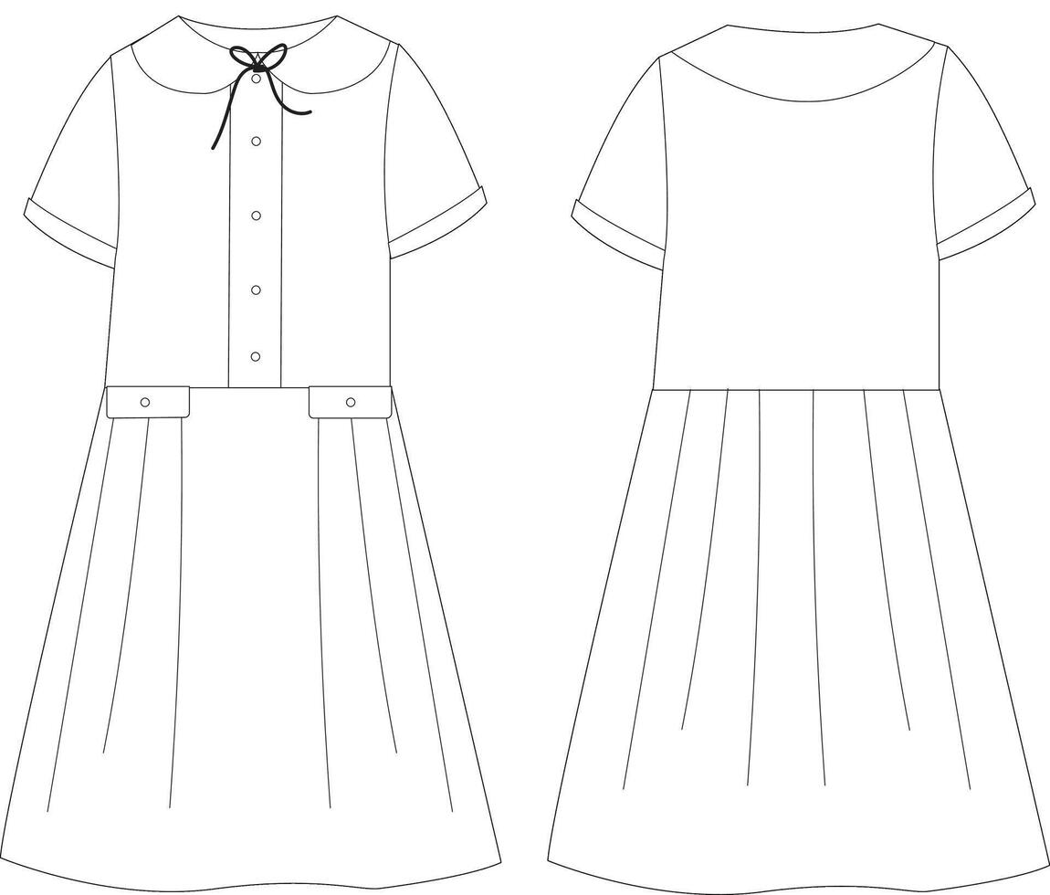 Flat Sketch of Girls School Uniform with Rounded Collar, Pleated Skirt, and Short Sleeves vector