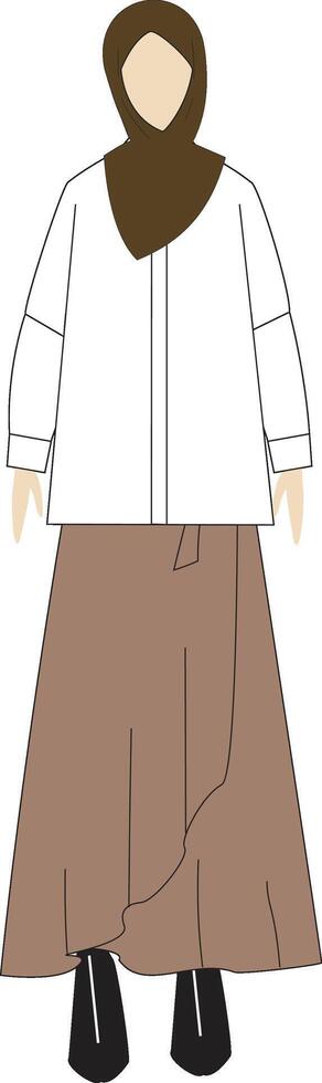 Modest Fashion Illustration, White Jacket with Brown Skirt and Hijab, Stylish Muslim Outfit vector