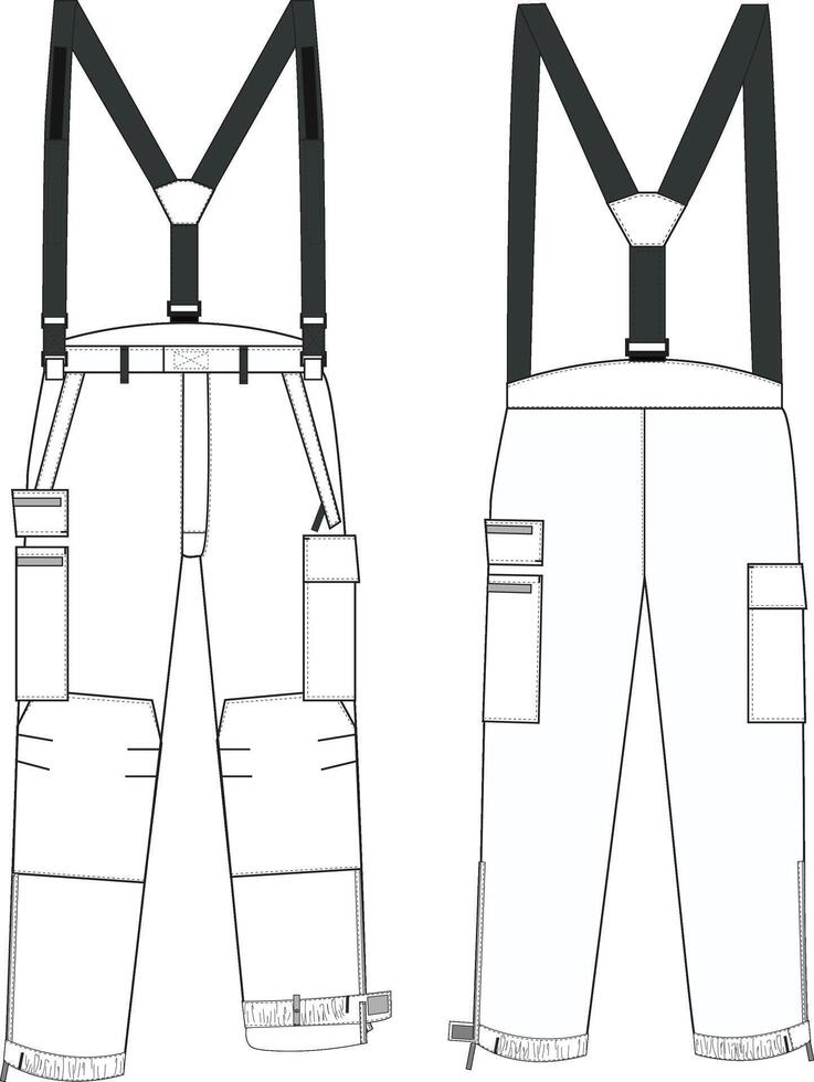 Men's Cargo Pants Front and Back Illustration, Utility Pants with Suspenders and Pockets vector